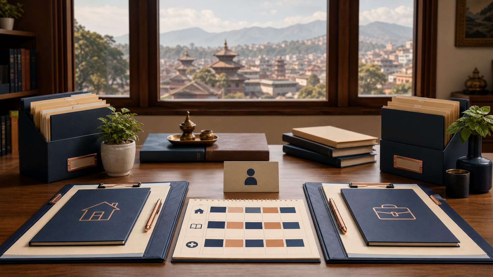 Child-focused Nepal custody planning desk with two parent files, care schedule, school and healthcare records