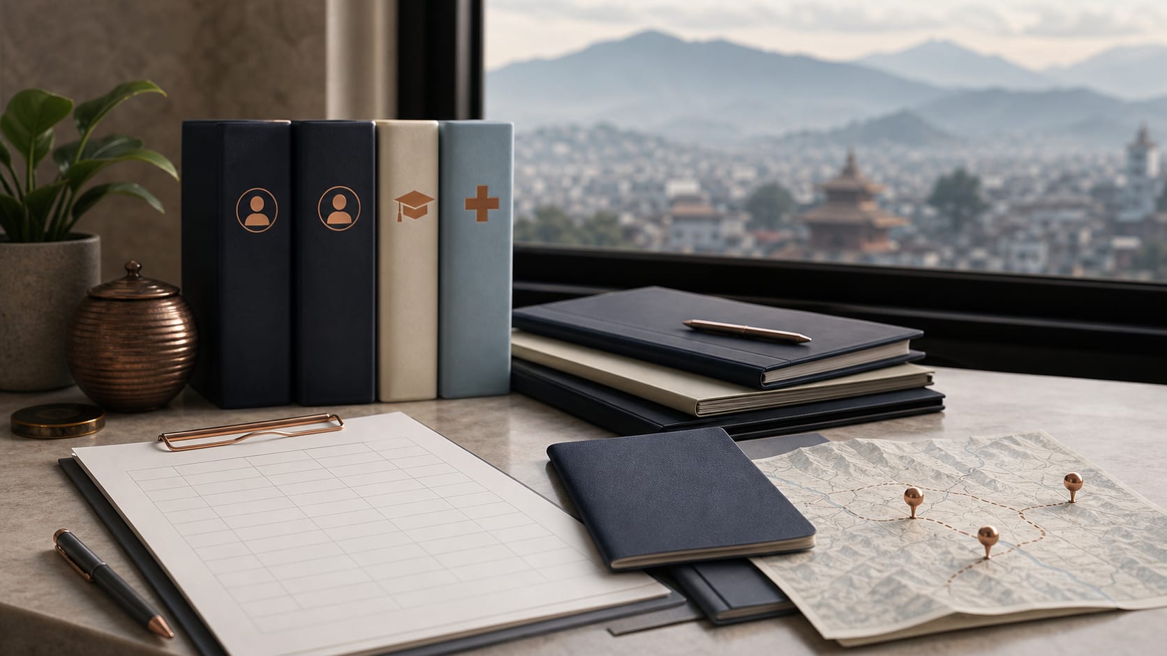 Nepal child-maintenance and cross-border planning desk with education, healthcare, parent and travel records