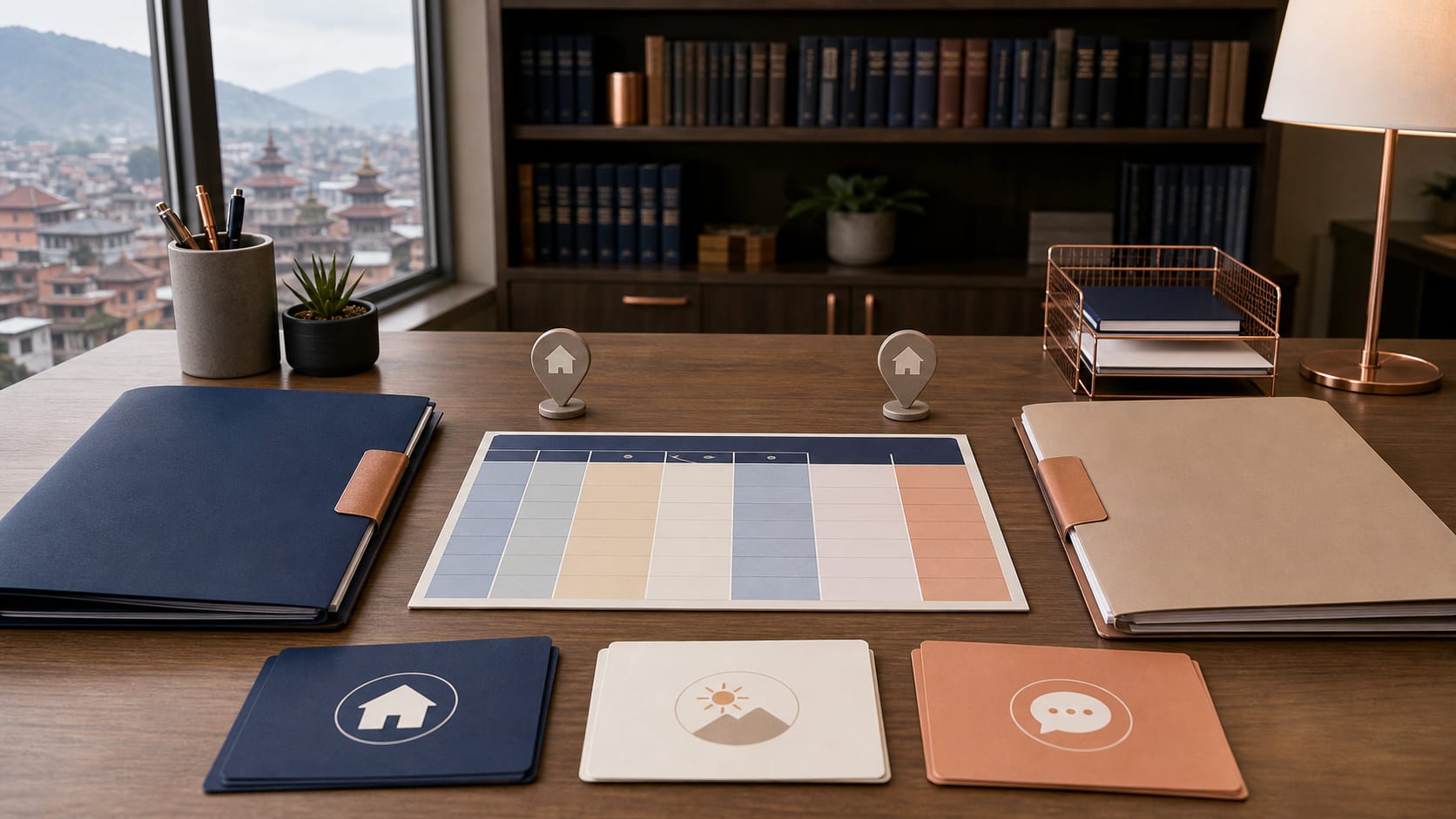 Nepal co-parenting desk with two household files, weekly schedule, handover markers and communication cards