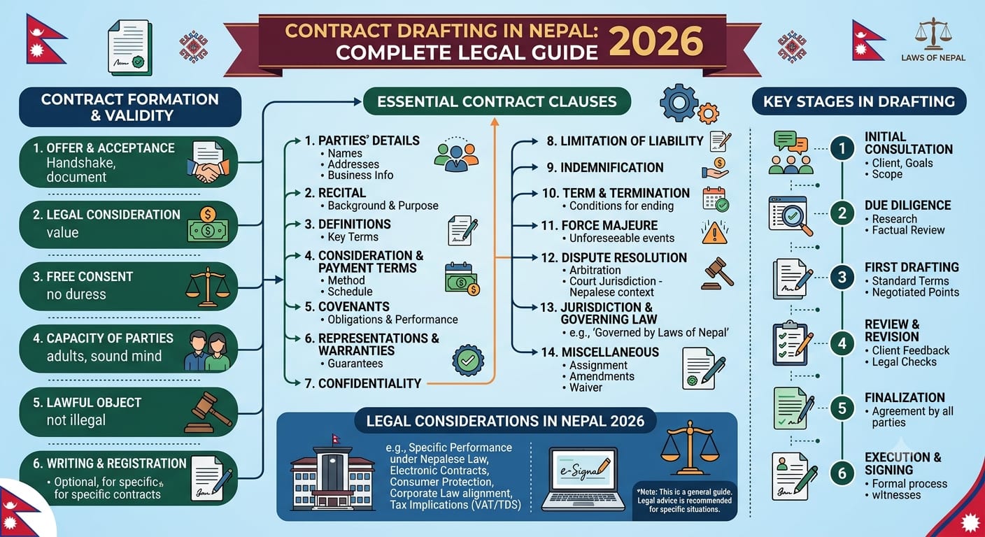 Professional contract documents, fountain pen and Nepal flag representing careful contract drafting under Nepali law
