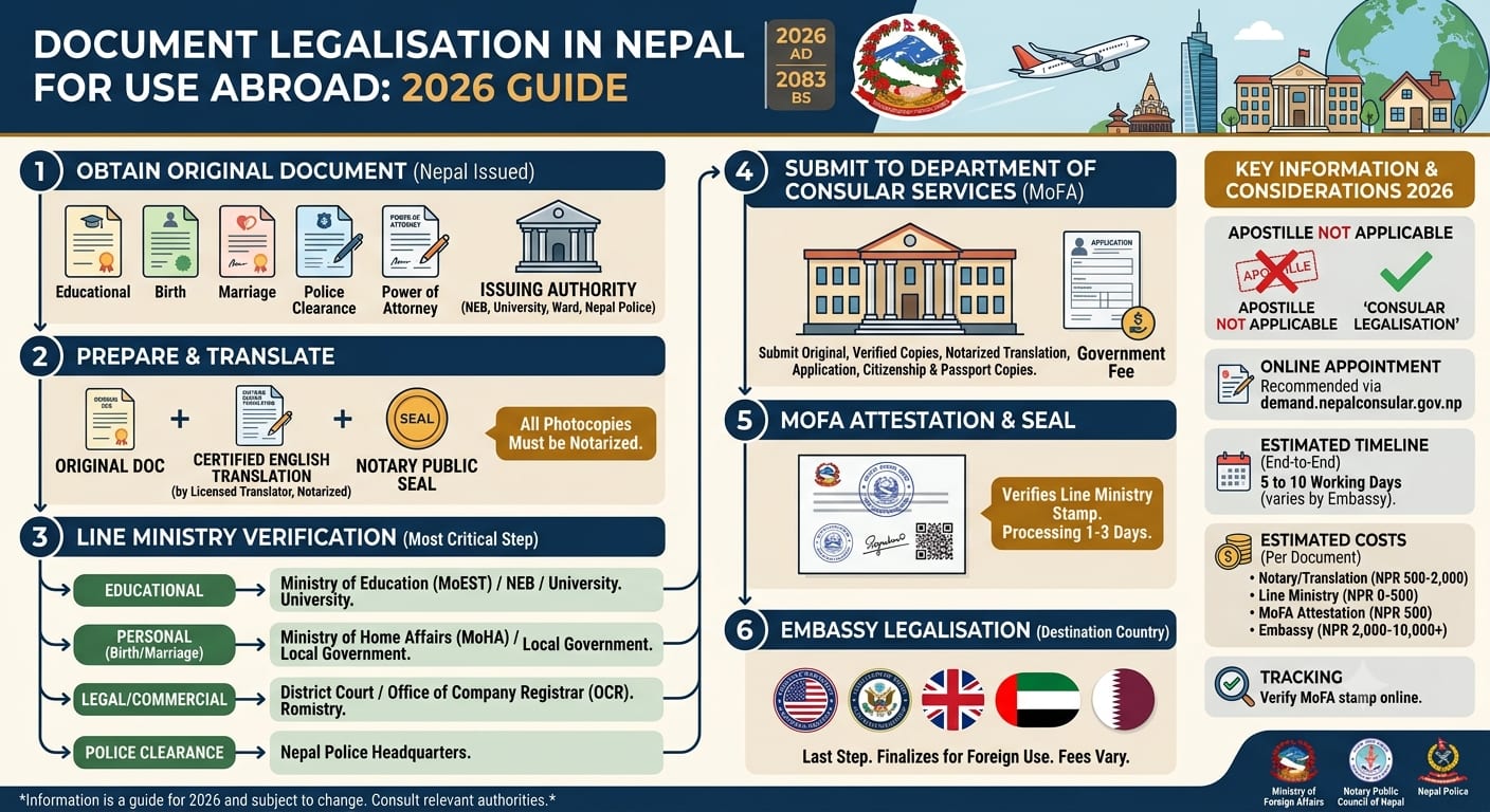 Nepali documents arranged in an international authentication chain beside a Nepal flag and globe