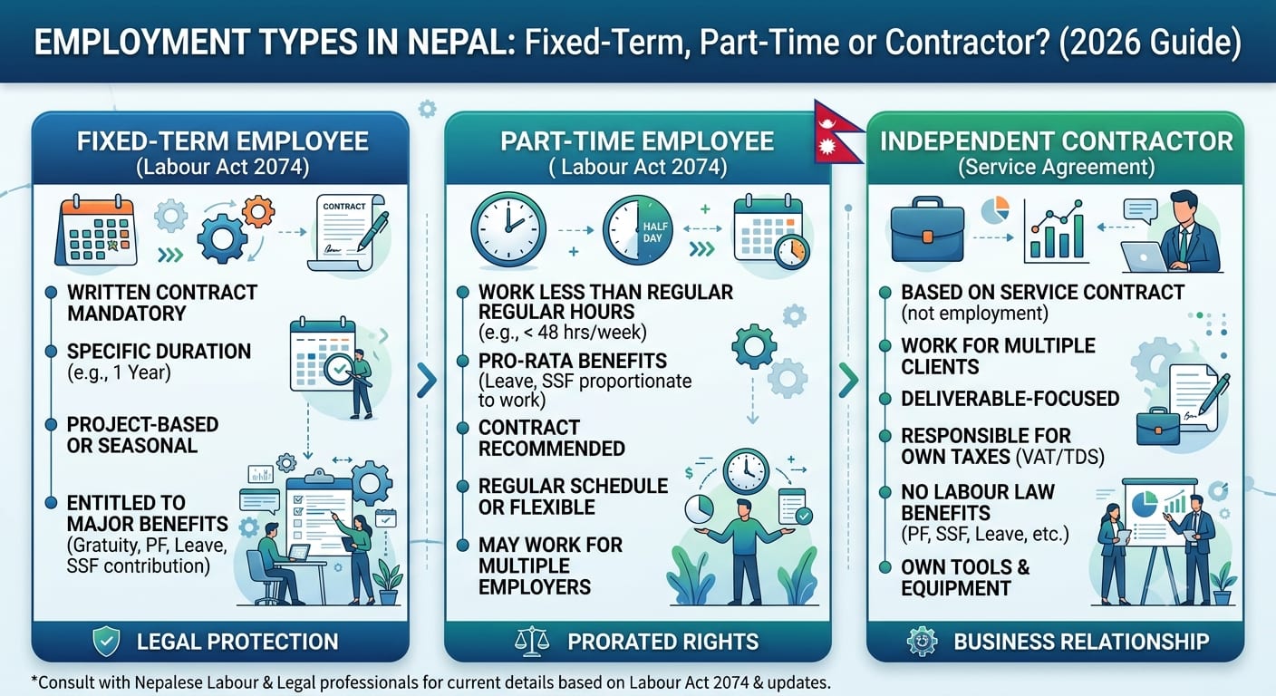 Four employment-structure folders with schedules, project milestones and independent work tools on a Kathmandu planning desk