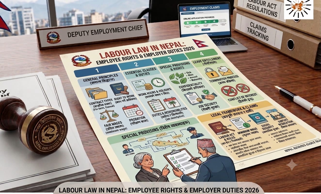 Balanced workplace meeting table with employment file, work-time record and leave calendar overlooking Kathmandu