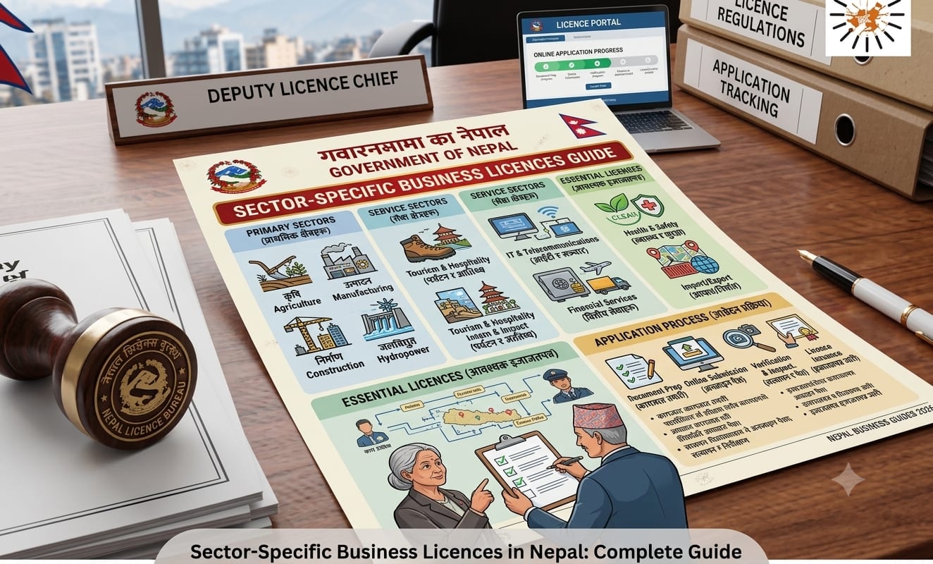 Nepal visa planning desk with a blank travel document, route map and category folders overlooking Kathmandu