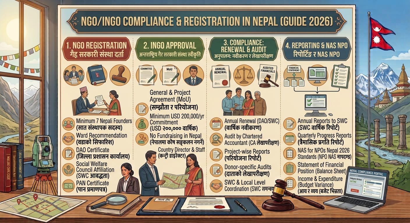 NGO audit files, annual reports, compliance calendar and project monitoring records in a Kathmandu office