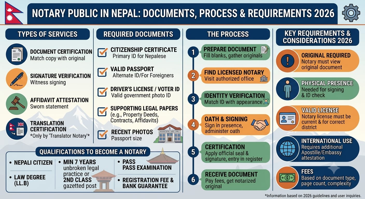 Blank legal document, notarial seal tool, identification card and Nepal flag in a professional office