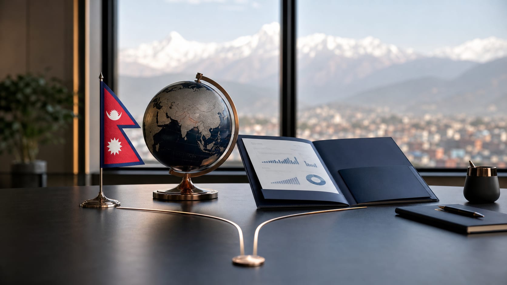 Magnifying glass reviewing investment sector symbols beside the Nepal flag for foreign investment eligibility screening