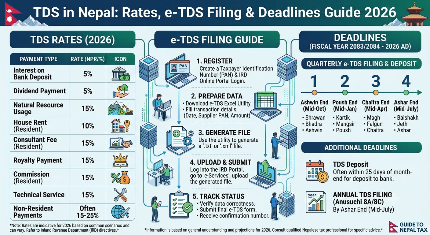 e-TDS filing records, calculator, laptop and Nepal flag on a tax advisory desk