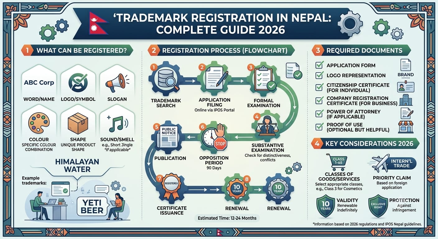 Trademark application papers, abstract brand samples and Nepal flag in an intellectual-property office