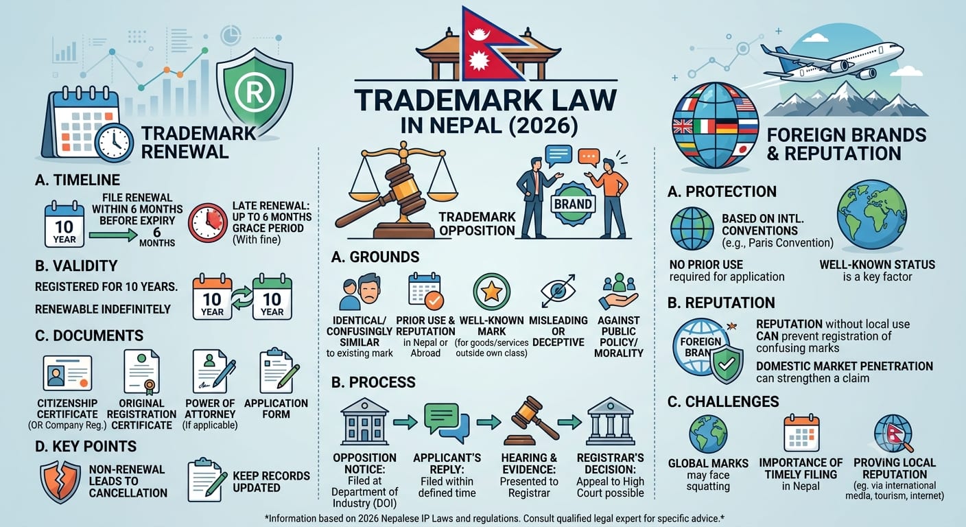 Protected abstract brand mark, renewal calendar tabs, review file, globe and Nepal flag