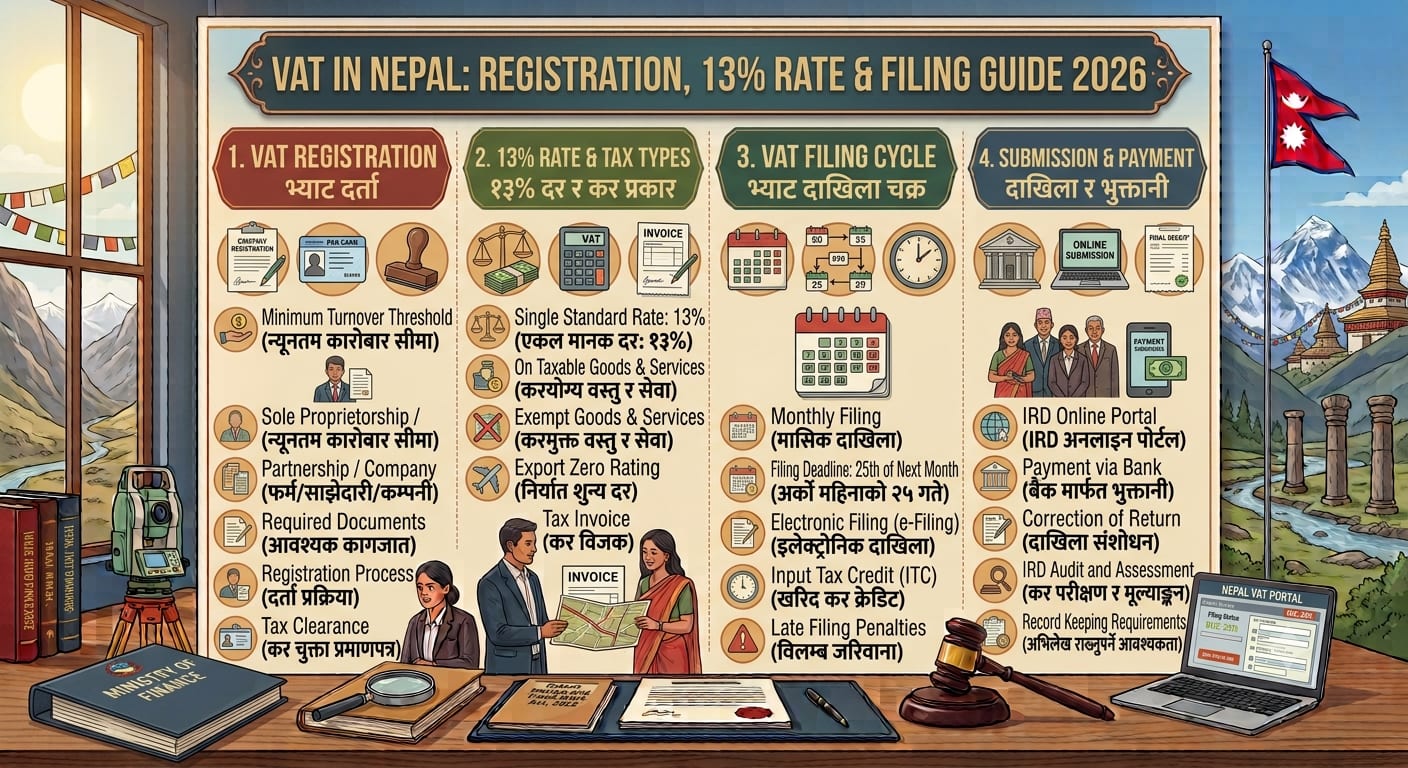 VAT invoices, calculator, filing records and Nepal flag in a professional office